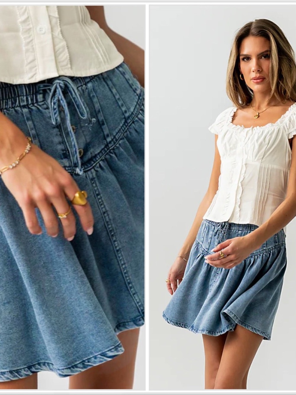 Women's Light Blue Denim Skater Skirt with Drawstring Waist